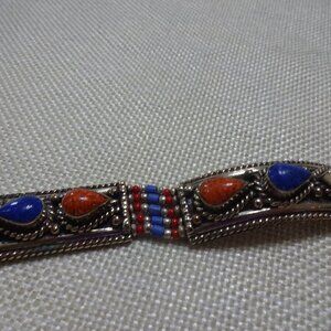 Tribal BLUE LAPIS & RED CORAL Handmade Sterling Bracelet 7 1/2" #889B